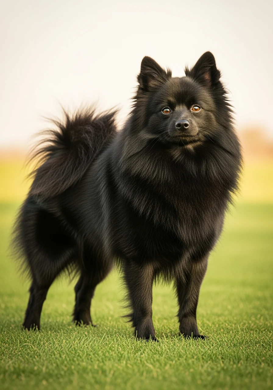 Spitz Allemand adulte de couleur sombre en posture d'exposition sur gazon