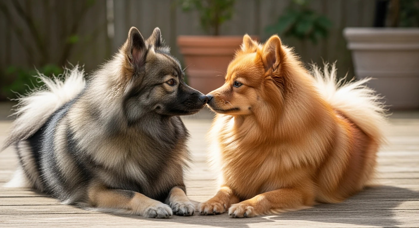 Deux Spitz Allemands de couleurs différentes côte à côte sur une terrasse