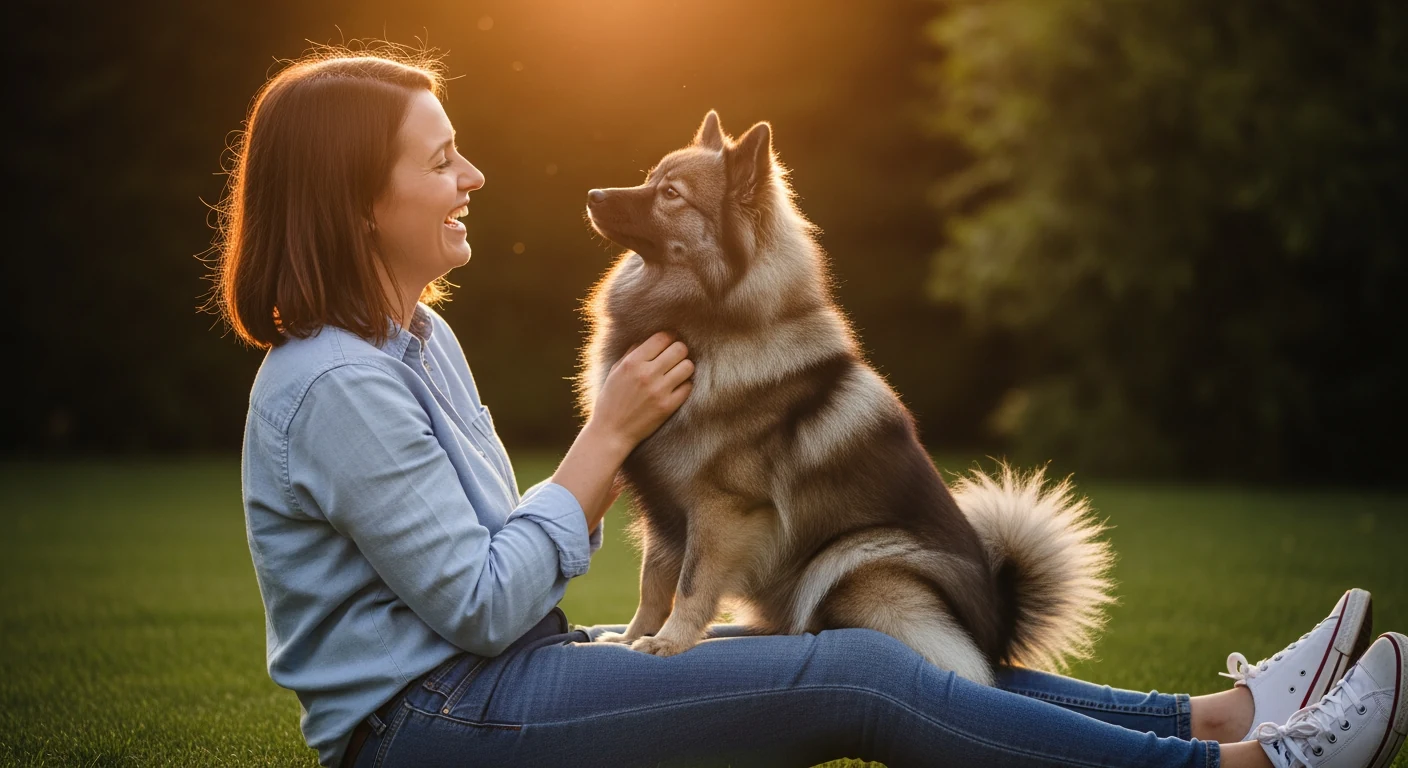 Jeune femme souriante avec son Spitz Allemand dans un jardin ensoleillé