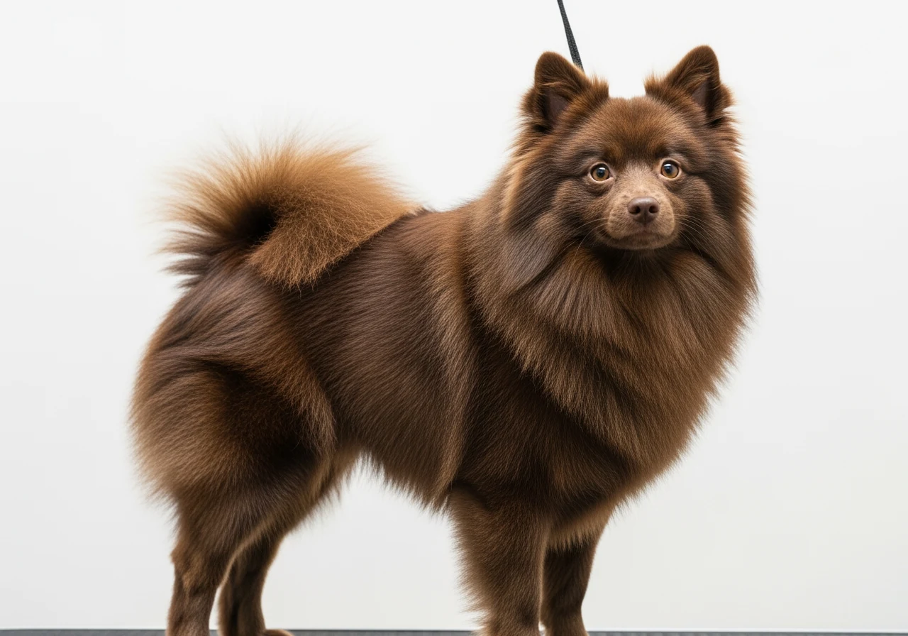 Spitz Allemand brun chocolat parfaitement toiletté sur table de grooming, pelage éclatant