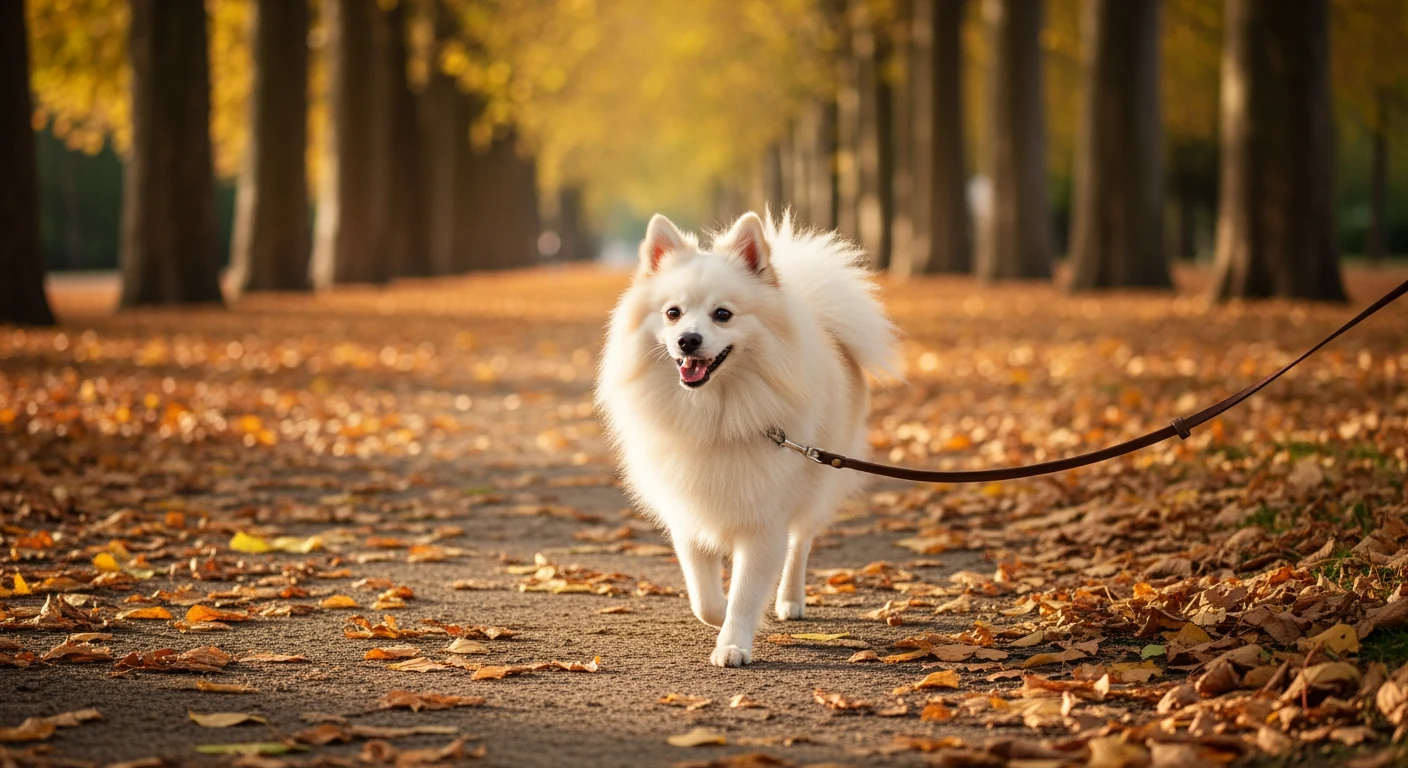 Spitz Allemand crème trottant joyeusement dans un parc automnal
