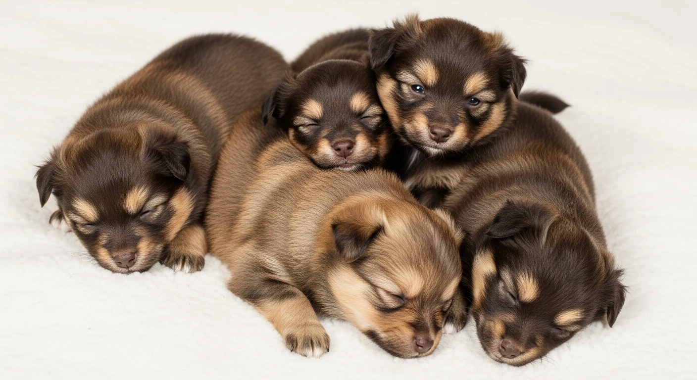 Portée de chiots Spitz Allemand de couleurs variées blottis sur une couverture